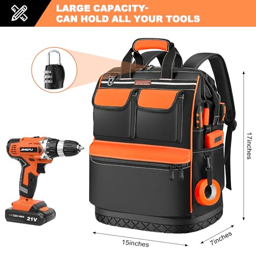 DOSUKE Tool Bag Backpack for Men/Women, Heavy Duty Tool Organizer with Molded Base, Wide Mouth Electrician Back Pack Tool Bags for HVAC Construction Work, Durale Metal Zippers&Combination Lock, Orange