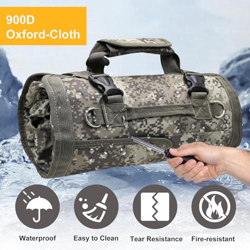 Mens-Roll-Up Tool-Bag Heavy-Duty Portable-Tool-Roll-Organizer - with 2 Detachable Pouches Tool Carrier Storage Kit for UTV Truck Gifts for Dad or Electrician Camo