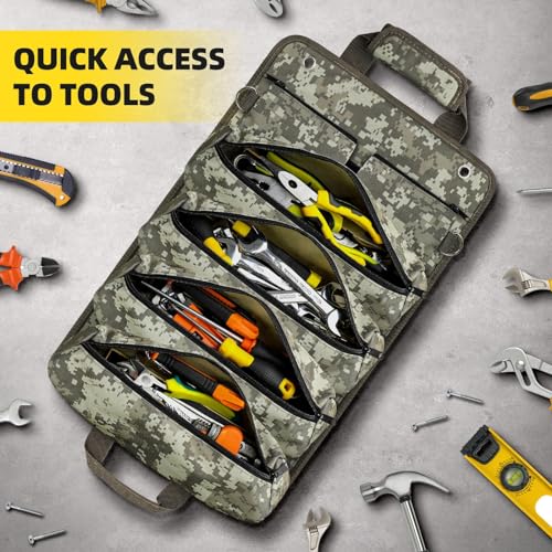 Mens-Roll-Up Tool-Bag Heavy-Duty Portable-Tool-Roll-Organizer - with 2 Detachable Pouches Tool Carrier Storage Kit for UTV Truck Gifts for Dad or Electrician Camo