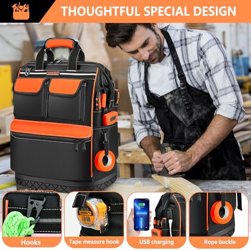 DOSUKE Tool Bag Backpack for Men/Women, Heavy Duty Tool Organizer with Molded Base, Wide Mouth Electrician Back Pack Tool Bags for HVAC Construction Work, Durale Metal Zippers&Combination Lock, Orange