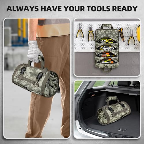 Mens-Roll-Up Tool-Bag Heavy-Duty Portable-Tool-Roll-Organizer - with 2 Detachable Pouches Tool Carrier Storage Kit for UTV Truck Gifts for Dad or Electrician Camo