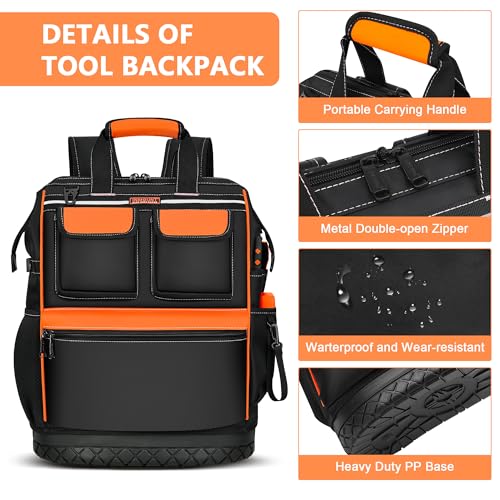 DOSUKE Tool Bag Backpack for Men/Women, Heavy Duty Tool Organizer with Molded Base, Wide Mouth Electrician Back Pack Tool Bags for HVAC Construction Work, Durale Metal Zippers&Combination Lock, Orange