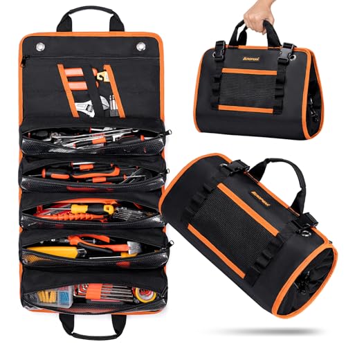 AUROPEAK Roll Up Tool Bag Organizer, Heavy Duty Tool Roll Bag for Men, Portable Tool Roll Up Bag with 12 Pockets, Waterproof 1680D Tool Bag Organizer for Mechanic Electrician HVAC Repairman Carpenter
