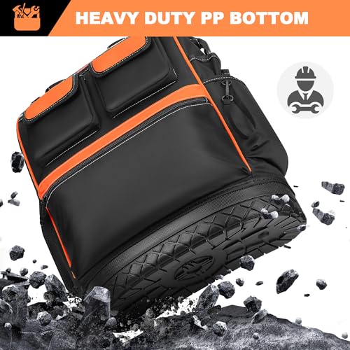 DOSUKE Tool Bag Backpack for Men/Women, Heavy Duty Tool Organizer with Molded Base, Wide Mouth Electrician Back Pack Tool Bags for HVAC Construction Work, Durale Metal Zippers&Combination Lock, Orange