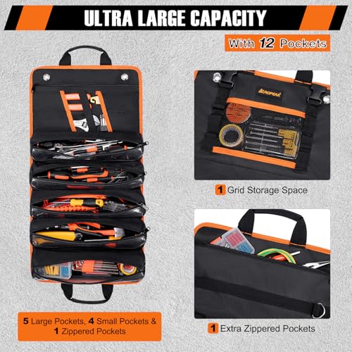 AUROPEAK Roll Up Tool Bag Organizer, Heavy Duty Tool Roll Bag for Men, Portable Tool Roll Up Bag with 12 Pockets, Waterproof 1680D Tool Bag Organizer for Mechanic Electrician HVAC Repairman Carpenter