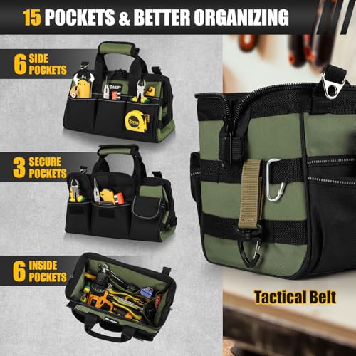 UUP 12-Inch Small Tool Bag, 15-Pocket Portable Tool Box Organizer Storage, Heavy Duty Tactical Carry Bag with Large Zipper, Adjustable Shoulder Strap, Father Day Dad Men Gifts for Mechanic Electrician