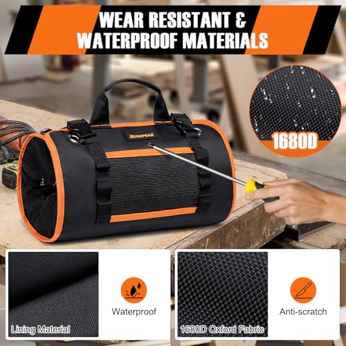 AUROPEAK Roll Up Tool Bag Organizer, Heavy Duty Tool Roll Bag for Men, Portable Tool Roll Up Bag with 12 Pockets, Waterproof 1680D Tool Bag Organizer for Mechanic Electrician HVAC Repairman Carpenter