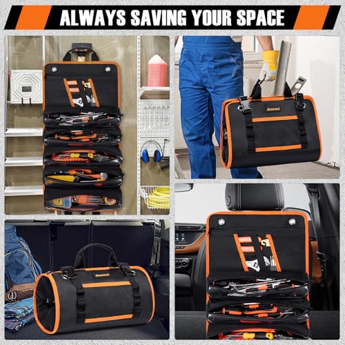 AUROPEAK Roll Up Tool Bag Organizer, Heavy Duty Tool Roll Bag for Men, Portable Tool Roll Up Bag with 12 Pockets, Waterproof 1680D Tool Bag Organizer for Mechanic Electrician HVAC Repairman Carpenter