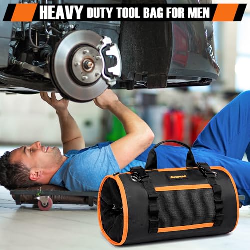 AUROPEAK Roll Up Tool Bag Organizer, Heavy Duty Tool Roll Bag for Men, Portable Tool Roll Up Bag with 12 Pockets, Waterproof 1680D Tool Bag Organizer for Mechanic Electrician HVAC Repairman Carpenter