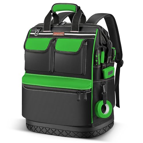 LOKASS Tool Backpack, Wide-open Tool Bag with Double-opening Metal Zipper, Waterproof Tool Carrier with Combination Lock, Gift for Eelectrician/Engineer-Large (Black/Green）