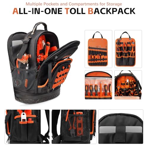Tool Bag Backpack, 96-Pocket Tool Backpack Heavy Duty, Large Tool Backpack for Men Women, Hvac Tool Backpack Organizer, Tool Backpack with Laptop Compartment & Molded Base for Electrician Construction