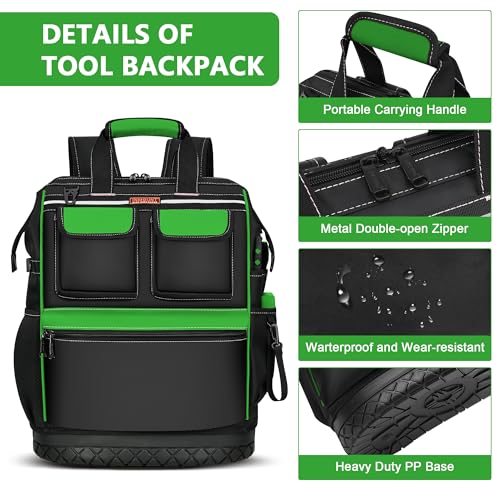 LOKASS Tool Backpack, Wide-open Tool Bag with Double-opening Metal Zipper, Waterproof Tool Carrier with Combination Lock, Gift for Eelectrician/Engineer-Large (Black/Green）