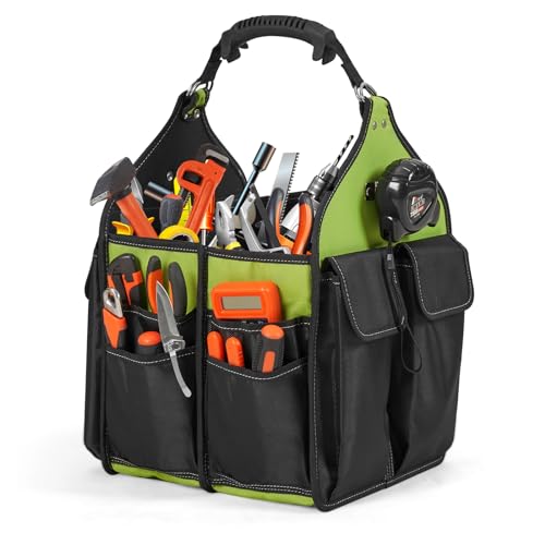 12inch Open Top Tool Bag 21 Pockets, Tool Tote Bag Caddy with Handle and Adjustable Strap, Tool Bag Organizer for Men Construction Electrician Garden