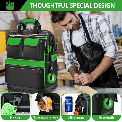 LOKASS Tool Backpack, Wide-open Tool Bag with Double-opening Metal Zipper, Waterproof Tool Carrier with Combination Lock, Gift for Eelectrician/Engineer-Large (Black/Green）