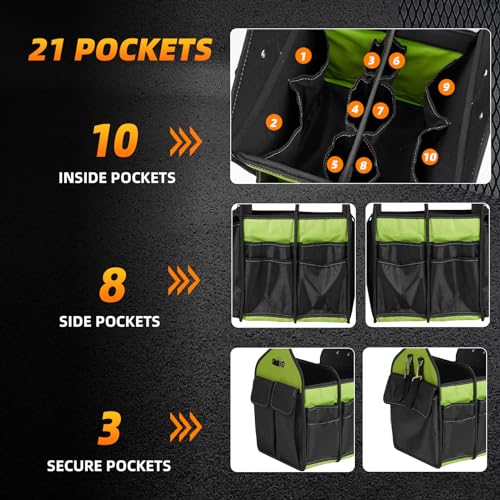 12inch Open Top Tool Bag 21 Pockets, Tool Tote Bag Caddy with Handle and Adjustable Strap, Tool Bag Organizer for Men Construction Electrician Garden
