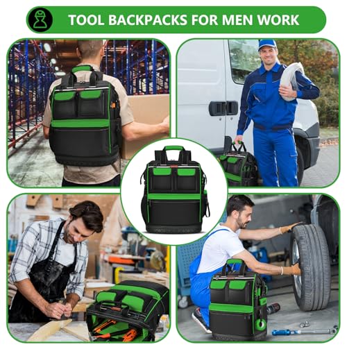LOKASS Tool Backpack, Wide-open Tool Bag with Double-opening Metal Zipper, Waterproof Tool Carrier with Combination Lock, Gift for Eelectrician/Engineer-Large (Black/Green）