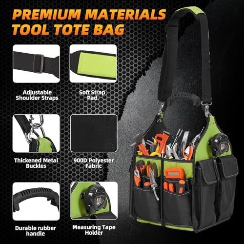 12inch Open Top Tool Bag 21 Pockets, Tool Tote Bag Caddy with Handle and Adjustable Strap, Tool Bag Organizer for Men Construction Electrician Garden