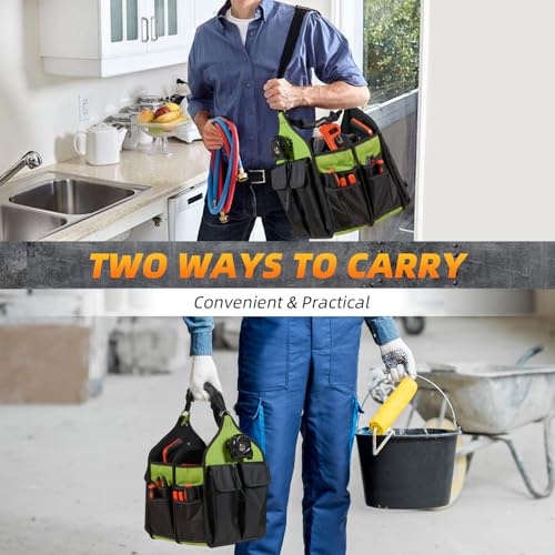 12inch Open Top Tool Bag 21 Pockets, Tool Tote Bag Caddy with Handle and Adjustable Strap, Tool Bag Organizer for Men Construction Electrician Garden