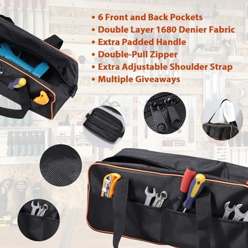 TCXDG 20 Inch Tool Bag Kit Set, 1680 Denier Fabric Tool Bag with Adjustable Shoulder Strap and Ergonomic Handle, Water Proof Tool Bag Comes with Multi-Size Tool Storage Bag & Magnetic Wristband