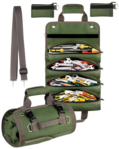 Professional Tool Roll-Up Bag by HANPURE, Heavy Duty Organizer for Electricians and Mechanics, Compact and Portable, Ideal Gift for Father's Day, Christmas, or Birthdays, Green