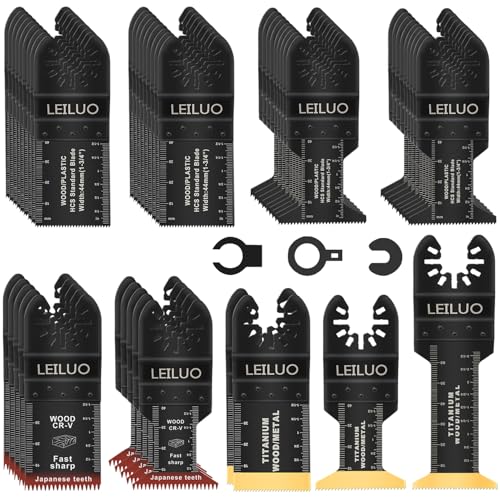 LEILUO 50 Pcs Multitool Blade Kits for Wood Nails Drywall Cutting Oscillating Saw Blades Universal Oscillating Tool Accessories with Storage Bag Compatible with DeWalt Makita Dremel and More