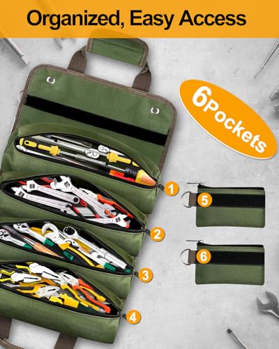 Professional Tool Roll-Up Bag by HANPURE, Heavy Duty Organizer for Electricians and Mechanics, Compact and Portable, Ideal Gift for Father's Day, Christmas, or Birthdays, Green