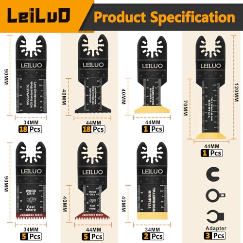 LEILUO 50 Pcs Multitool Blade Kits for Wood Nails Drywall Cutting Oscillating Saw Blades Universal Oscillating Tool Accessories with Storage Bag Compatible with DeWalt Makita Dremel and More
