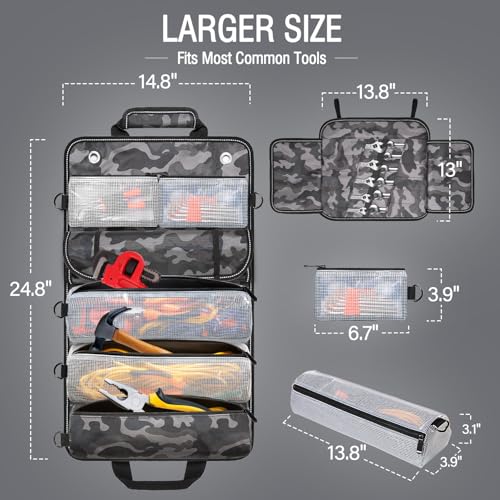 Roll Up Tool Bag, FUZVOL Heavy Duty Tool Roll Bags with Small Detachable Tool Pouch and Wrench Roll Organizer, Gifts For Men, Mechanic, Electrician, Camouflage Blue
