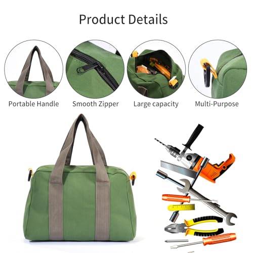 12Inch Heavy Duty Tool Storage Bag with Zipper, Large Capacity Utility Tool Tote Organizer Pouch for Electricians, Carpenter, Mechanic