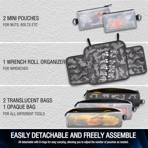 Roll Up Tool Bag, FUZVOL Heavy Duty Tool Roll Bags with Small Detachable Tool Pouch and Wrench Roll Organizer, Gifts For Men, Mechanic, Electrician, Camouflage Blue