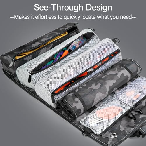 Roll Up Tool Bag, FUZVOL Heavy Duty Tool Roll Bags with Small Detachable Tool Pouch and Wrench Roll Organizer, Gifts For Men, Mechanic, Electrician, Camouflage Blue