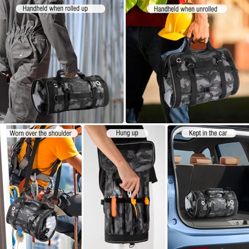 Roll Up Tool Bag, FUZVOL Heavy Duty Tool Roll Bags with Small Detachable Tool Pouch and Wrench Roll Organizer, Gifts For Men, Mechanic, Electrician, Camouflage Blue