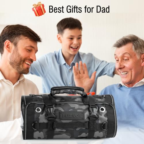 Roll Up Tool Bag, FUZVOL Heavy Duty Tool Roll Bags with Small Detachable Tool Pouch and Wrench Roll Organizer, Gifts For Men, Mechanic, Electrician, Camouflage Blue