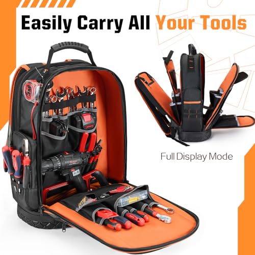 Golkcurx Tool Backpack, Heavy Duty Backpack Tool Bag, 1680D Tools Carrier for Electrician, Durable and Molded Base