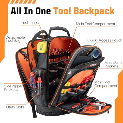 Golkcurx Tool Backpack, Heavy Duty Backpack Tool Bag, 1680D Tools Carrier for Electrician, Durable and Molded Base