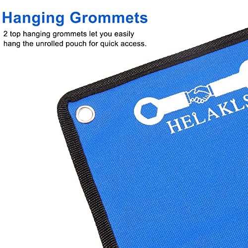 HELAKLS Wrench Tool Pouch, Wrench Organizer Roll Up Sae and Metric, Heavy Duty Canvas Wrench Bag Roll Up Blue 12 Pockets Metric+ 13 Pockets SAE