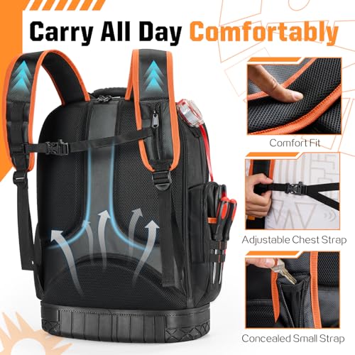 Golkcurx Tool Backpack, Heavy Duty Backpack Tool Bag, 1680D Tools Carrier for Electrician, Durable and Molded Base