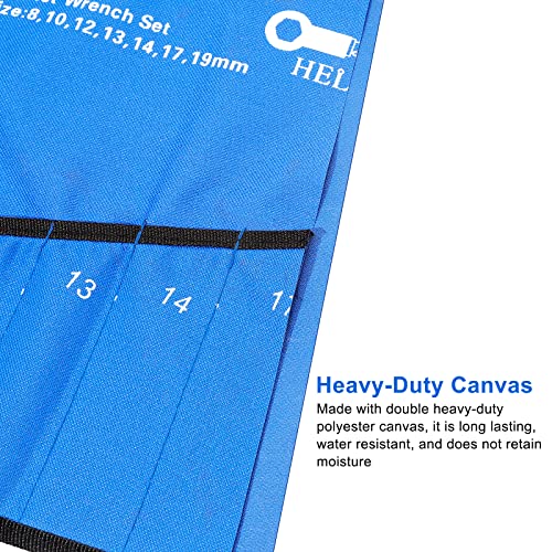 HELAKLS Wrench Tool Pouch, Wrench Organizer Roll Up Sae and Metric, Heavy Duty Canvas Wrench Bag Roll Up Blue 12 Pockets Metric+ 13 Pockets SAE
