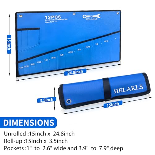 HELAKLS Wrench Tool Pouch, Wrench Organizer Roll Up Sae and Metric, Heavy Duty Canvas Wrench Bag Roll Up Blue 12 Pockets Metric+ 13 Pockets SAE