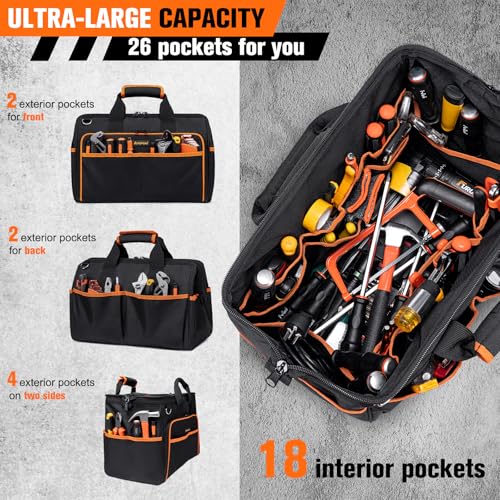 Heavy Duty Tool Bag 17.3-Inch, 26-Pocket Large Tool Bags for Men Women with Wide Mouth & Adjustable Shoulder Strap, Foldable Tool Bag Organizer for HVAC Craftsman Contractor Electricians Mechanics