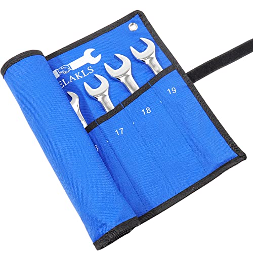 HELAKLS Wrench Tool Pouch, Wrench Organizer Roll Up Sae and Metric, Heavy Duty Canvas Wrench Bag Roll Up Blue 12 Pockets Metric+ 13 Pockets SAE