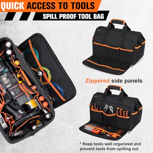 Heavy Duty Tool Bag 17.3-Inch, 26-Pocket Large Tool Bags for Men Women with Wide Mouth & Adjustable Shoulder Strap, Foldable Tool Bag Organizer for HVAC Craftsman Contractor Electricians Mechanics