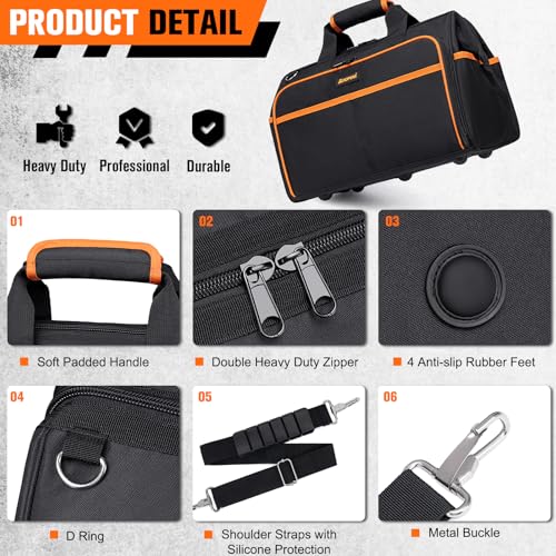 Heavy Duty Tool Bag 17.3-Inch, 26-Pocket Large Tool Bags for Men Women with Wide Mouth & Adjustable Shoulder Strap, Foldable Tool Bag Organizer for HVAC Craftsman Contractor Electricians Mechanics