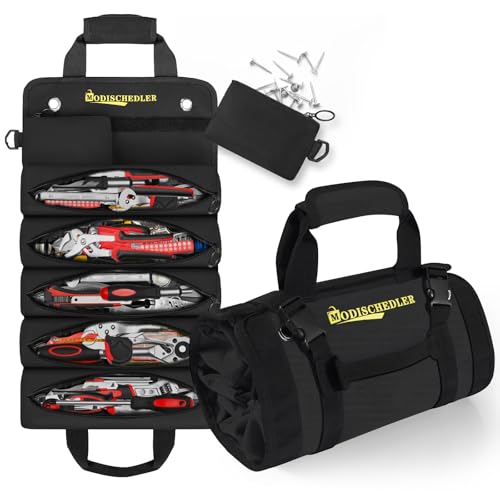 Premium Tool Roll Organizer, Heavy-Duty Portable Tool Storage Bag with 2 Enhanced Durable Zipper Pouches, Compact Tool Carrier for Electricians and Mechanics, Ideal Gift for Men and Women,Black