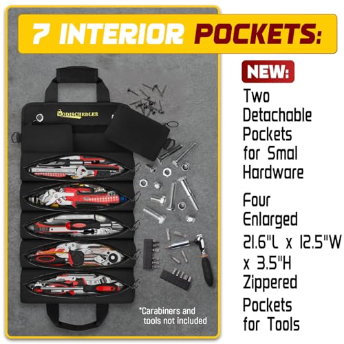 Premium Tool Roll Organizer, Heavy-Duty Portable Tool Storage Bag with 2 Enhanced Durable Zipper Pouches, Compact Tool Carrier for Electricians and Mechanics, Ideal Gift for Men and Women,Black