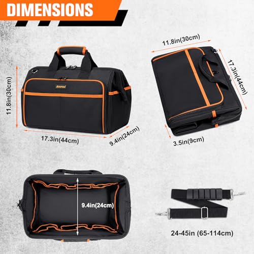 Heavy Duty Tool Bag 17.3-Inch, 26-Pocket Large Tool Bags for Men Women with Wide Mouth & Adjustable Shoulder Strap, Foldable Tool Bag Organizer for HVAC Craftsman Contractor Electricians Mechanics