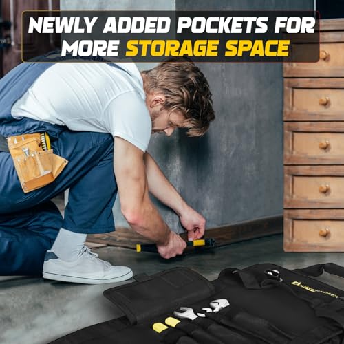 Premium Tool Roll Organizer, Heavy-Duty Portable Tool Storage Bag with 2 Enhanced Durable Zipper Pouches, Compact Tool Carrier for Electricians and Mechanics, Ideal Gift for Men and Women,Black