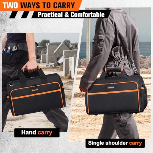 Heavy Duty Tool Bag 17.3-Inch, 26-Pocket Large Tool Bags for Men Women with Wide Mouth & Adjustable Shoulder Strap, Foldable Tool Bag Organizer for HVAC Craftsman Contractor Electricians Mechanics