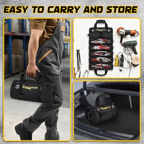 Premium Tool Roll Organizer, Heavy-Duty Portable Tool Storage Bag with 2 Enhanced Durable Zipper Pouches, Compact Tool Carrier for Electricians and Mechanics, Ideal Gift for Men and Women,Black