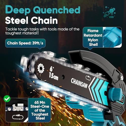 Mini Chainsaw, 6-Inch Chain Saw, 2 Pack 2000mAh Batteries, 【Seniors Friendly】Portable Handheld Chainsaw, Mini Chainsaw Cordless for Wood Cutting Tree Trimming DIY Projects Gardening Camping